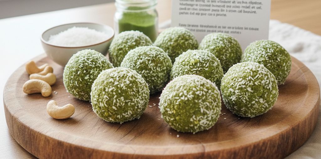 Boules énergétiques matcha et noix de cajou enrobées de coco