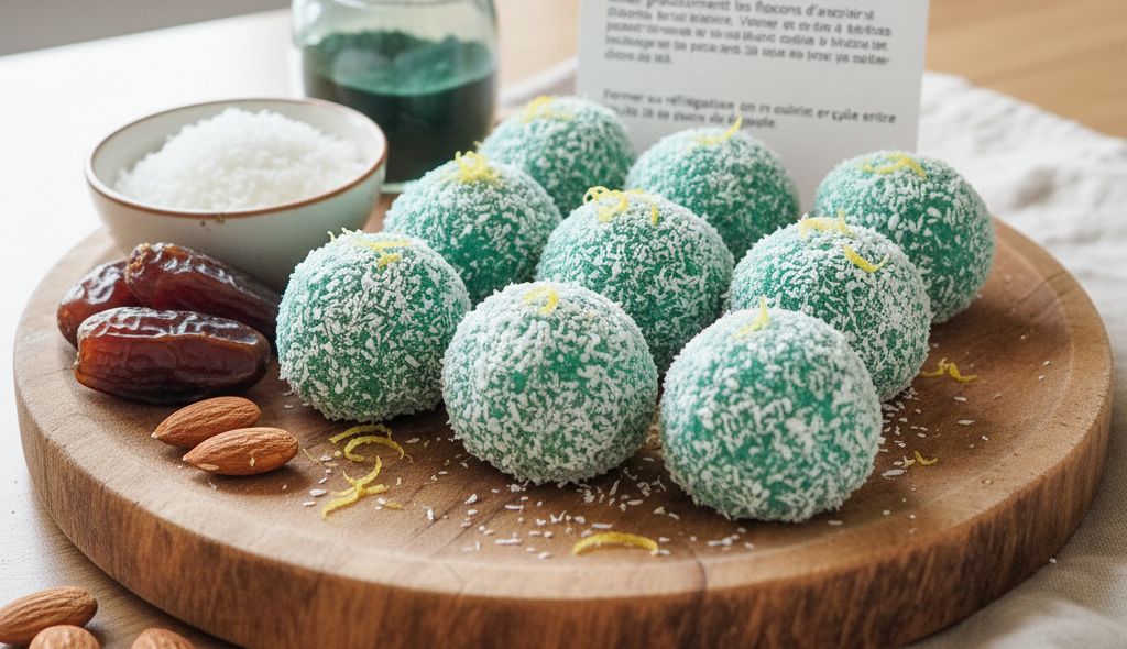 Boules énergétiques spiruline et citron enrobées de coco