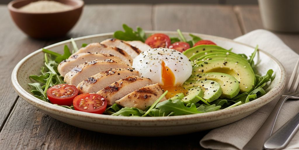 Bowl paléo avec poulet grillé, avocat, oeuf poché et légumes frais