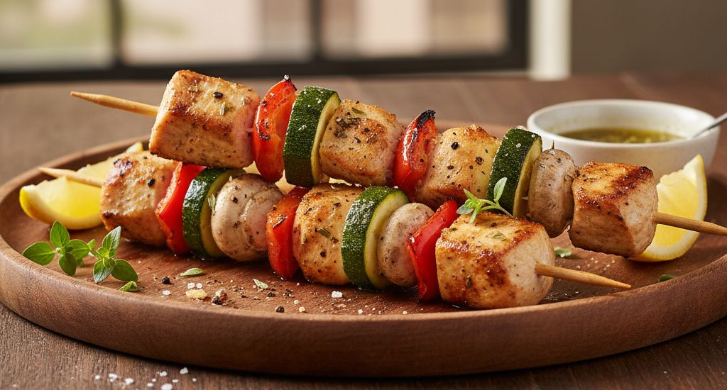 Brochettes de poulet et légumes grillés