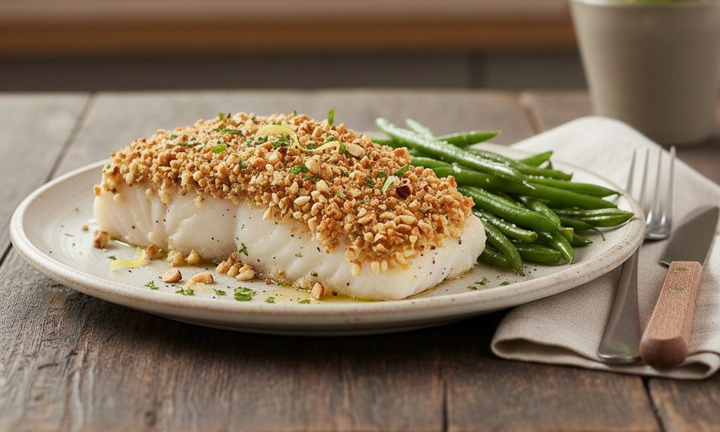 Filet de cabillaud en croûte de noisettes avec haricots verts