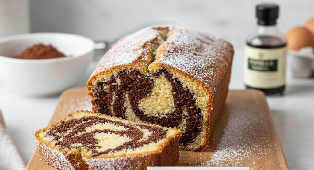 Cake marbré keto vanille et chocolat tranché