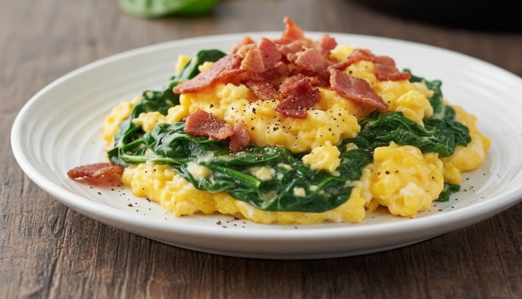 Œufs brouillés au bacon et épinards keto