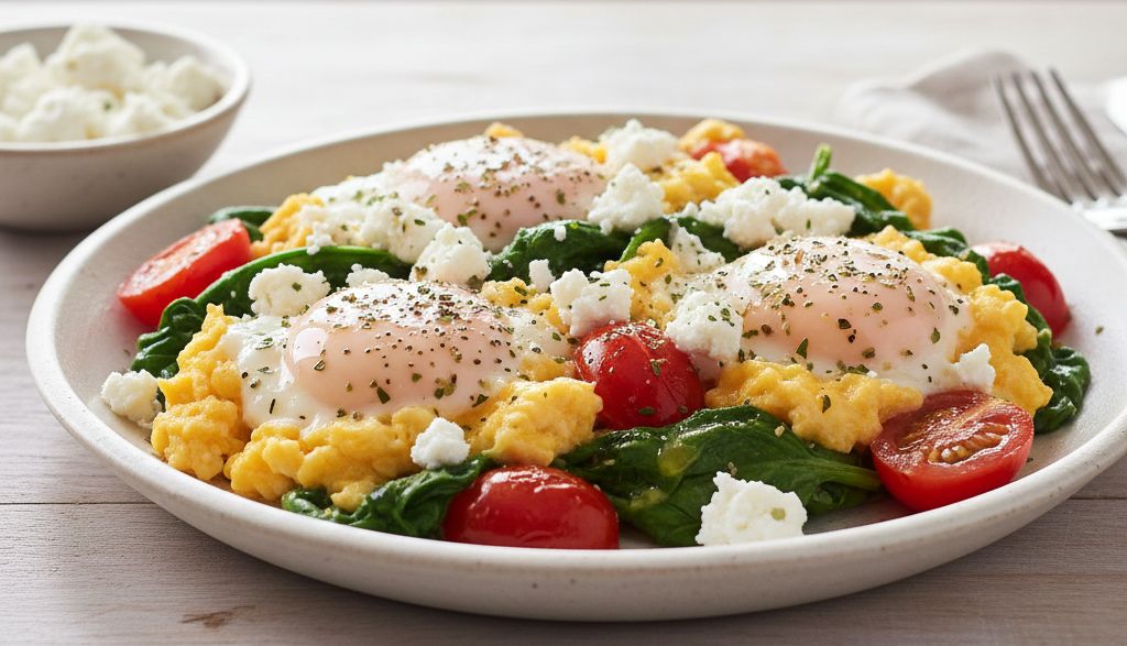 Œufs brouillés aux légumes et feta