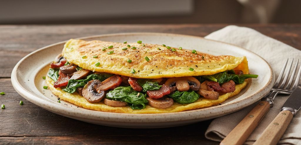Omelette paléo aux champignons, épinards frais et lardons