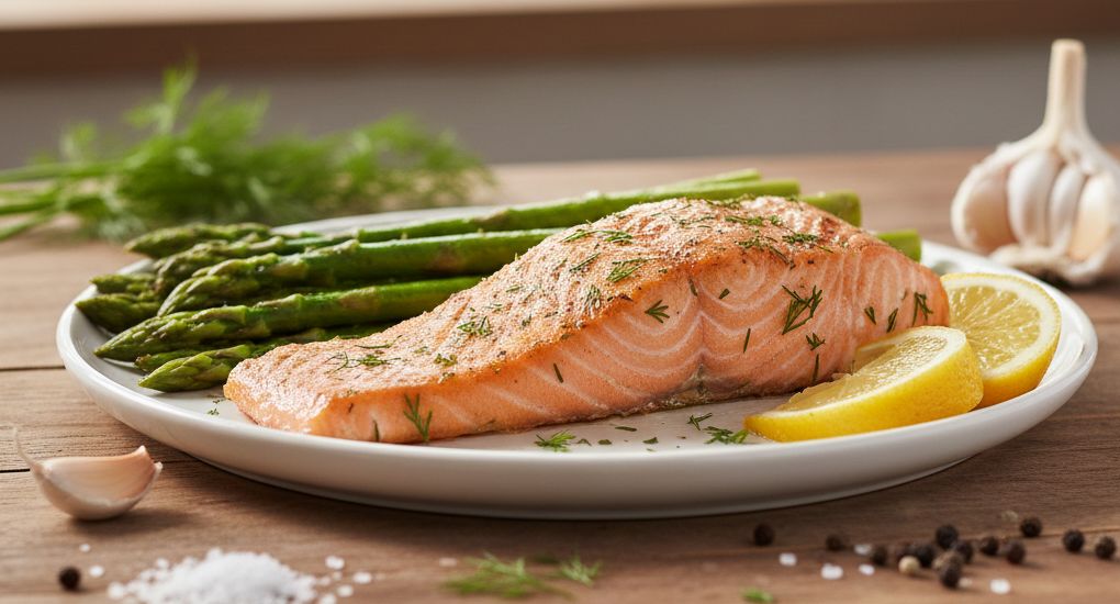 Saumon grillé aux asperges et citron