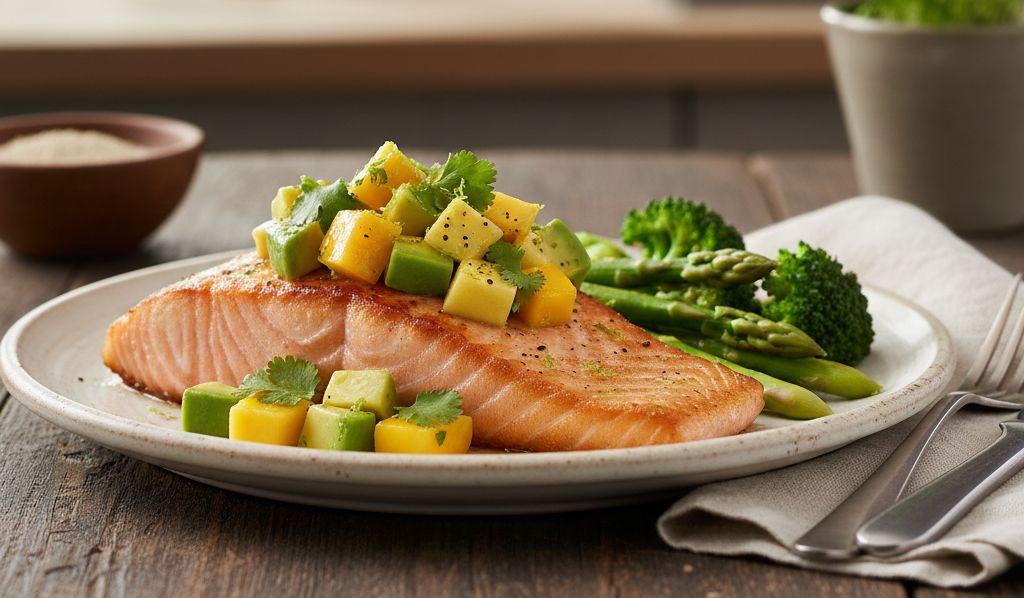 Pavé de saumon grillé avec salsa avocat et mangue fraîche