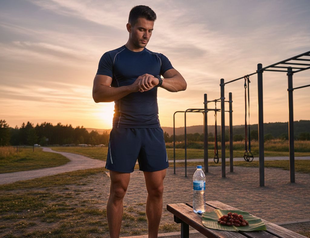Sportif adaptant son entraînement pendant le ramadan avec une bouteille d'eau et un chronomètre