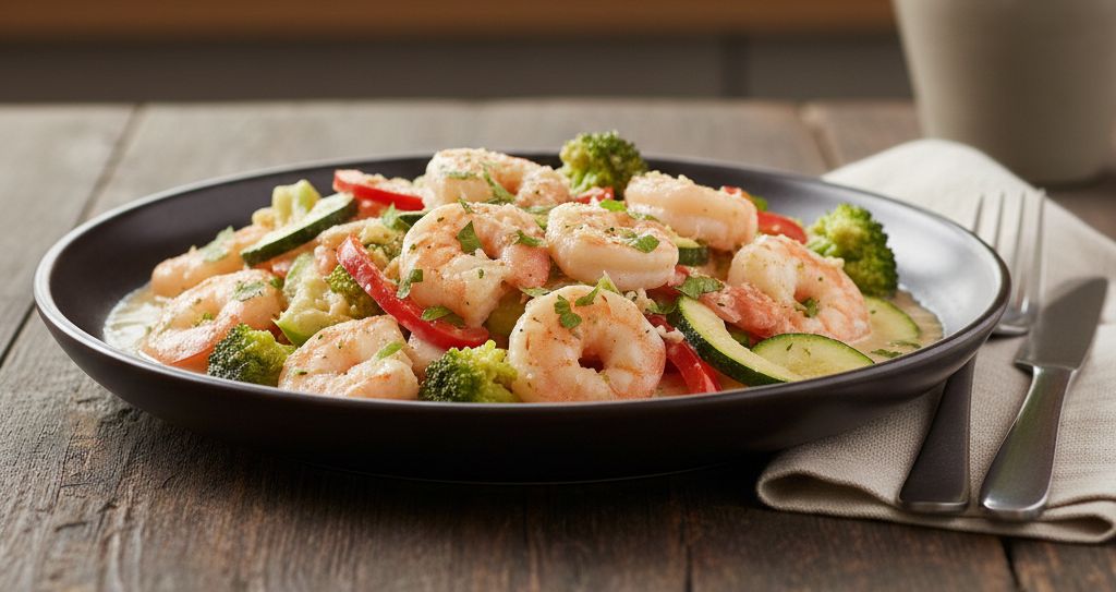 Wok de crevettes au lait de coco avec brocoli et poivrons